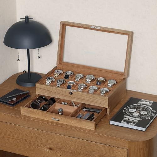 ROTHWELL 12-Slot Solid Walnut Watch Box with Valet Drawer - Premium Jewelry Display Case Organizer with Locking Glass Top and Microsuede Liner for Men & Women (Tan Interior) - color: Walnut / Tan