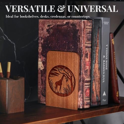 Giraffe Gifts, Giraffe Bookends - Heavy Duty Iron & Ebony Wood Book Ends for Shelves Bookcase Desk - 1 Pair, 4.72x6.69 Inches - Eating Leaves - color: Eating