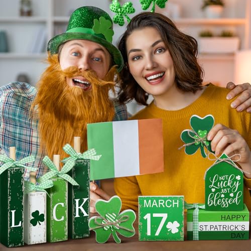 Vercraft 11 Pcs St. Patrick's Day Table Decorations Wood Faux Books Irish Table Top Decor Clover Wooden Sign Centerpiece for St. Patrick's Day - style: Clover