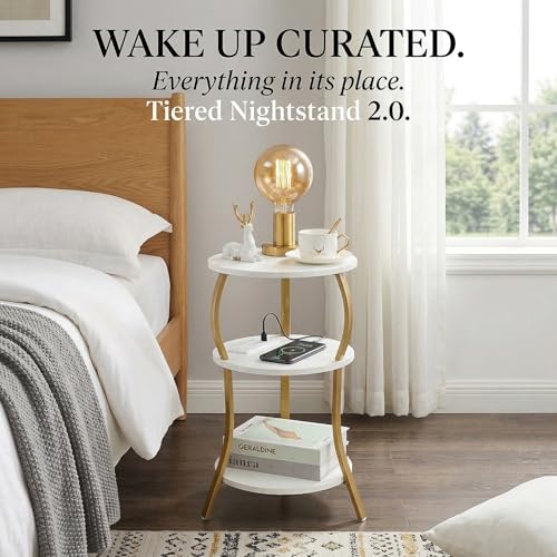 Small Round Side Table with Charging Station, 3-Tier Waist Circular End Table with Storage Shelf, Compact Tea Sofa Side Table Small Spaces, Round Corner Coffee Table for Living Room Bedroon,White+Gold - color: White+gold, style: USB Charger