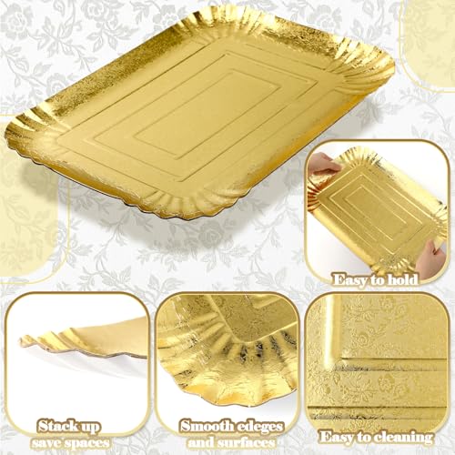 20 Pcs Gold Serving Trays and Platters Bulk Disposable Paper Rectangle Gold Party Platters Decorative Food Appetizer Foil Trays for Birthday Wedding Dessert Table Snack Cupcake, 13.8" x 9.8"
