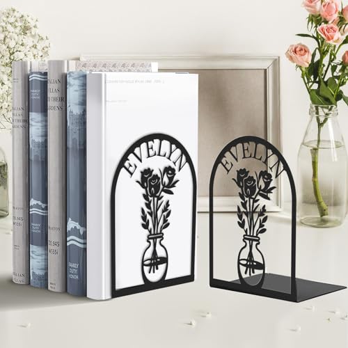 Custom Name Metal Book Ends 2 Pcs, Unique Bookends for Shelves Room Decorative, Heavy Duty Metal Bookends, Non-Slip Book Stopper, Book Shelf Holder for Home Office School, Book Lovers Gifts - color: Color07 Flowers