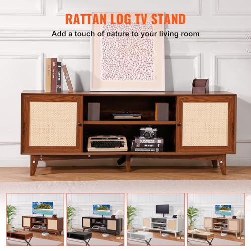VEVOR Rattan TV Stand for 75in TV, Boho TV Stand with Rattan Door, Entertainment Center with Build-in Socket, Storage Cabinet with 2 Shelves, Modern TV Console for Living Room, Media Room, Walnut - color: Walnut, size: for 75" TVs
