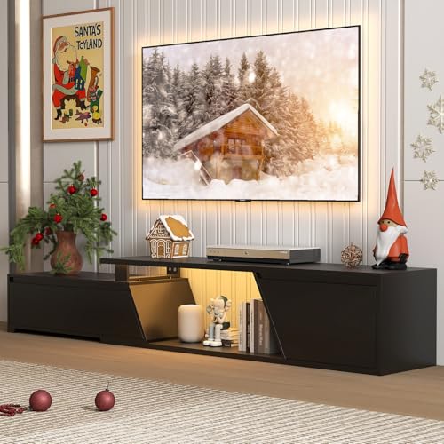 Verano Garden Extendable TV Stand with Led Lights, Wood TV Media Console with 2 Drawers & 1 Cabinet, Modern Entertainment Center Up to 90 Inch TV for Living Room Bedroom, 63" - 90.6" (Black) - color: Black