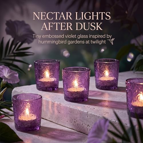 12 Pack Hummingbird Embossed Glass Candle Holders – Votive Tealight Holders with Patent Design, Decorative Embossed Glass Cups for Wedding Centerpieces, Parties, and Home Décor (Amethyst Bloom) - color: Amethyst Bloom