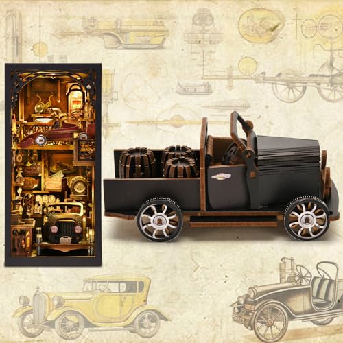 TOYQI Book Nook Kit, Book Nook Kits for Adults, DIY Miniature Dollhouse Kit 3D Wooden Puzzle Booknook Bookend with LED Light - style: CAR PLAYERS