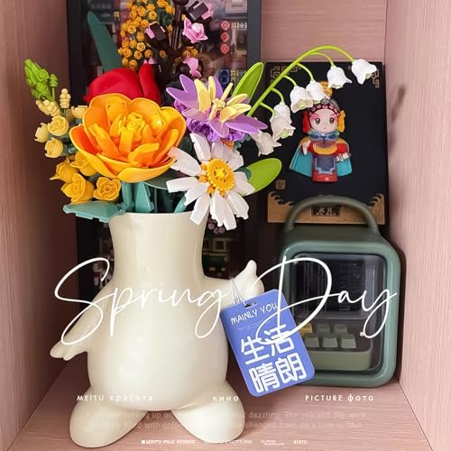 8 Inch Glossy Cute Ceramic Tulip Flower Vase for Building Block Flowers Bouquet, Beige Funky Living Room Flower Vase Decor, Unique Gifts for Men and Women, Jarrones Blancos para Flores