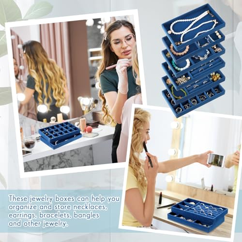 Junkin 18 Pcs Velvet Jewelry Tray, Stackable Jewelry Organizer Trays for Drawer, Jewellery Box Divided Display Tray, Jewelry Inserts for Drawer for Rings Earring Bangle Necklaces(Peacock Blue) - color: Peacock Blue
