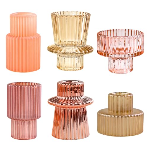 Pink Candlestick Holders 6PCS for Tealight Candle Stick Candles, Ribbed Glass Taper Candle Holders Set, Table Centerpieces for Weddings Christmas Home Decor Indoor and Outdoor - color: Pink