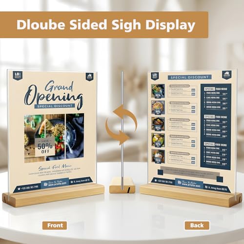 Comix 8.5x11 Clear Acrylic Sign Holder with Wood Base 6 Pack L/T Shape Table Display Stand Vertical or Slant Back Display for Wedding, Restaurant, Store, Office, Hotel - size: 6 Pack 8.5x11 inches (T/L)