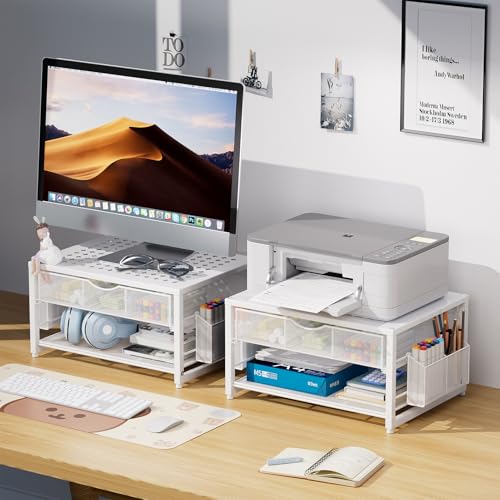 Marbrasse Metal Printer Stand for Desk with Storage Drawer and 2 Pen Holders, 2-Tier Desktop Organizer Printer Table for Home Office, Multi-Purpose Desk Organizer for Fax Machine Scanner Files(White) - color: White