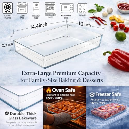 Ums 4.6-Qt (14'' x 10'' x 2.3'') Glass Baking Dishes for Oven, Borosilicate Glass Casserole Dish, Casserole Dishes for Oven, Microwave and Dishwasher Safe Clear Bakeware - size: 4.6 QT