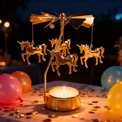 Self Rotating Candlestick Holder, Metal Tea Light Holders Automatic Rotating, Romantic Aroma Tea Candle Round Holder, Unicorn, Snowflower, Kids, Leather Candle Holder Home Decor (Horse) - color: Horse