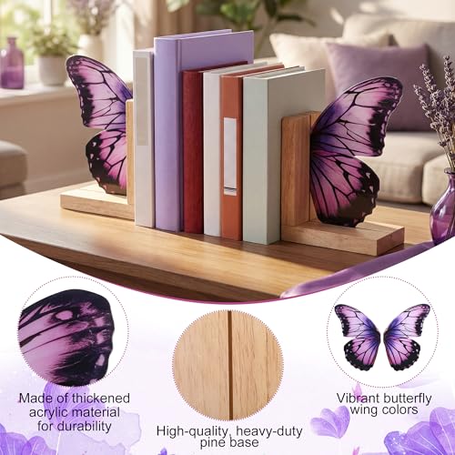 Decorative Butterfly Bookends Wooden Acrylic Butterflys Bookend Modern Bookshelf Decor Accent Book Stopper Decor for Home Farmhouse Shelves Office Lover Gift(Purple Butterfly) - style: Purple Butterfly