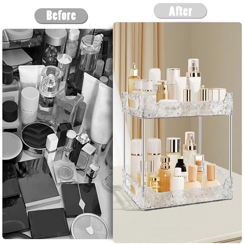 2-Tier Bathroom Counter Organizer Countertop Storage, Dresser Organizer Vanity Tray for Makeup, Perfume Organizer Cosmetics Skincare Shelf - Clear - color: Clear White, size: 2-Tier