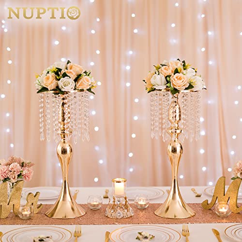2 Pcs 21.3 inches Tall Crystal Flower Stand Wedding Road Lead Flowers Holders Centerpiece Metal Chandelier for Reception Tables Supplies - color: Gold, size: 2 x L