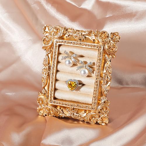 Vintage Ring Holder Rectangle Gold Velvet Display Stand - Baroque Jewelry Organizer Box Tray for Wedding Engagement Anniversary Women Birthday Christmas Gift Photograph Prop (MPF05-Gold White) - color: MPF05-Gold White