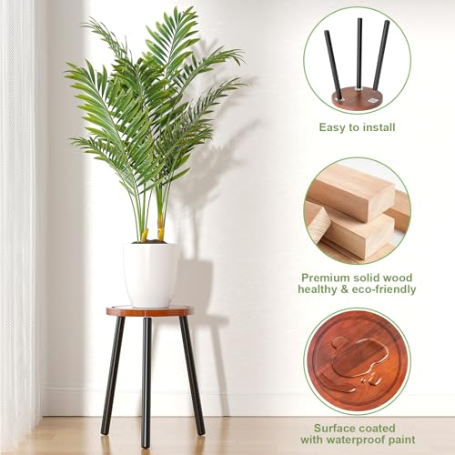 Wood Plant Stands Indoor, 16.7" Tall Plant Stand Outdoor Mid-Century Plant Stool, Single Plant Table Modern Small Round Side/End Table for Living Room, Balcony, Office (Brown) - color: Brown Tray with Black Legs-1Pack