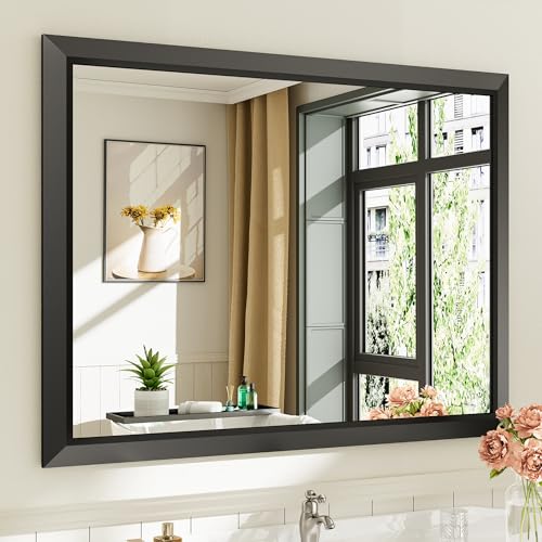 Briivue 40x30 Inch Black Bathroom Mirror for Wall, Thick Metal Framed Rectangle Mirrors for Over Sink, Bedroom, Living Room, Entryway, Anti-Rust, HD Tempered Glass - color: Black, size: 40"L x 30"W
