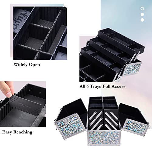 Joligrace Makeup Train Case Large 6 Tray Professional Organizer Box - Cosmetic Make Up Carrier with Lock & Key Carrying Strap for Studio Artist & Stylist Silver - Holographic Iridescent Style - color: Holographic