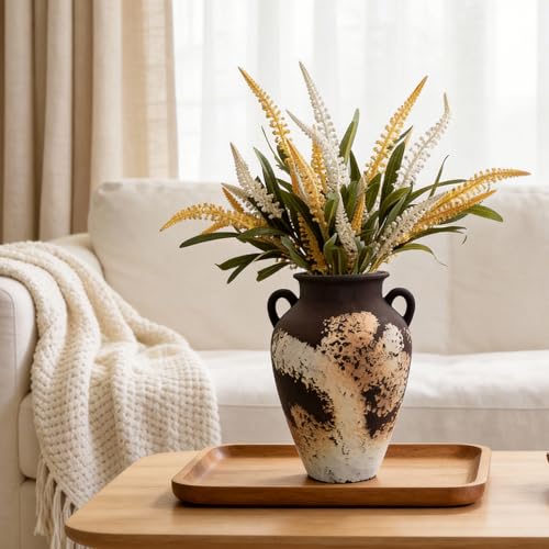 10 Inch Hand-Sculpted Ceramic Flower Vase, Vintage Terracotta Vase with Handles, Decorative Pottery for Home Decor and Office (Matte Black and Dark Brown)