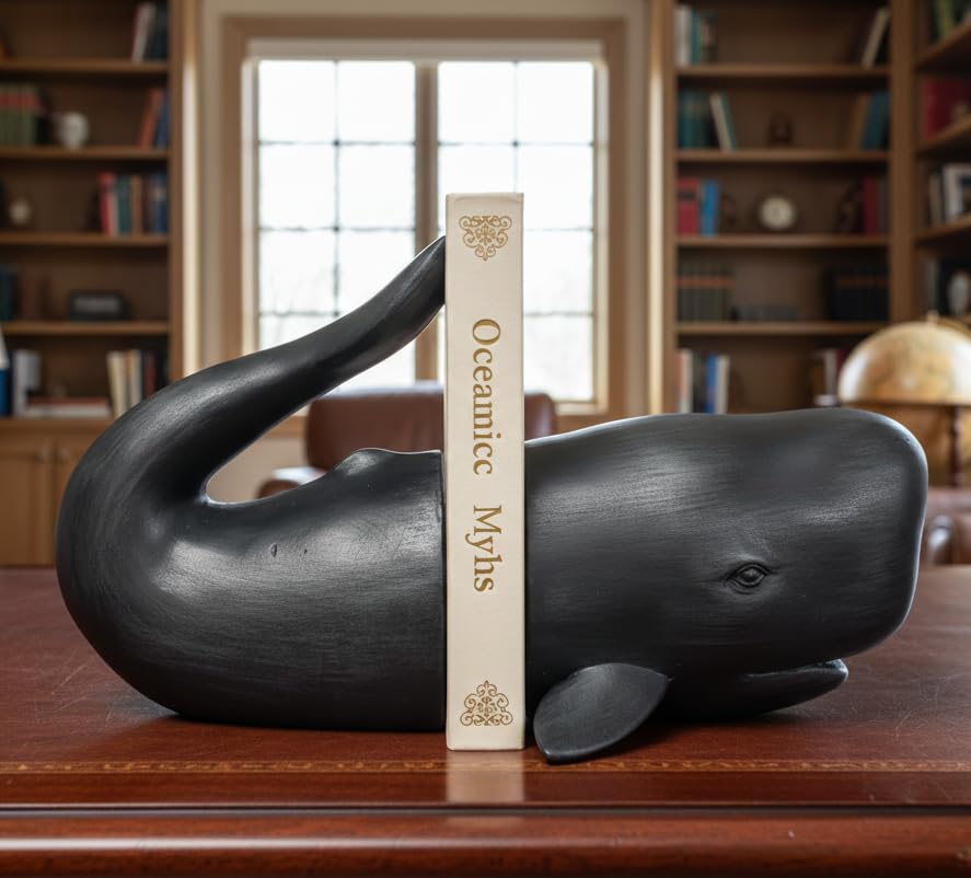 Comfy Hour 10" Black Nautical Whale Figurine Style Bookends, Antique Vintage Ocean Statue Home Decor, Heavy Duty Coastal Book Stoppers Pair, 1 Pair
