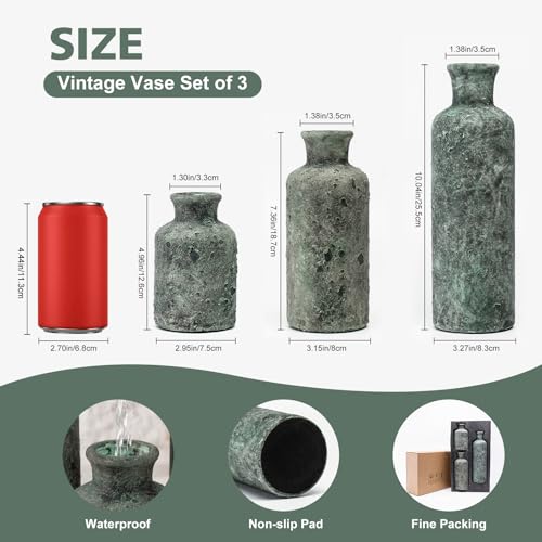 Vintage Ceramic Flower Vase Set of 3, Rustic Farmhouse Vase for Home Decor, Distressed Decorative Vase for Table Entryway Mantel Centerpiece Living Room Bathroom Bedroom (Patina Gray) - color: 116-patina Gray