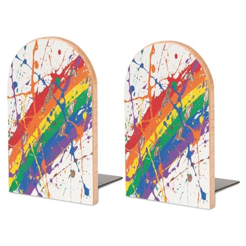 Colorful Paint Splatter Art Bookend for Shelves Study Wood Bookend Support Heavy Duty Book End Non-Skid Decorative Book Stopper Book Organizer for Home Office Desktop Organizer 1 Pairs