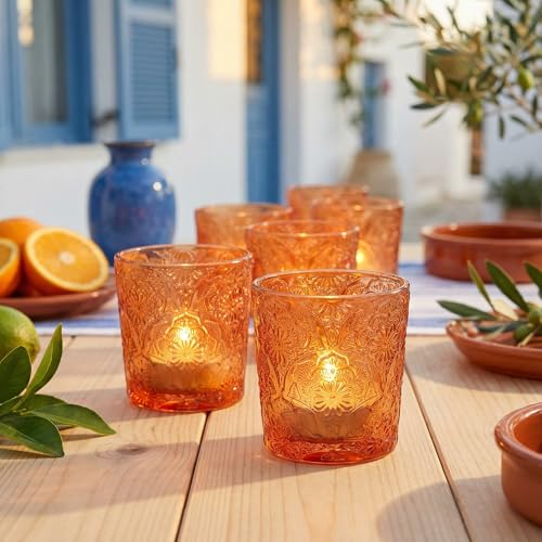 6 Pack Mandala Embossed Glass Candle Holders – Votive Tealight Holders with Patent Design, Decorative Embossed Glass Cups for Wedding Centerpieces, Parties, and Home Décor (Pumpkin Spice) - color: Pumpkin Spice