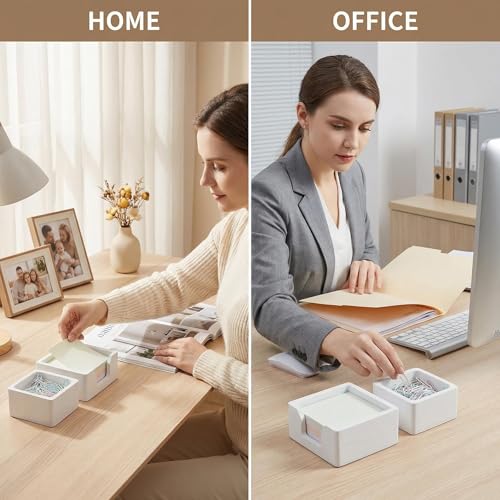 Concrete Desk Organizer Set of 2 - Minimalist Sticky Note Holder & Paper Clip Dispenser - Heavy Duty Office Desk Accessories with Non-Slip Base for Home Workspace Organizer & Desk Decor, White - color: White