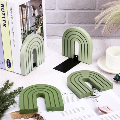 FYSUIMU 4Pcs Boho Sage Green Arch Wood Bookends Non Skid Book Stoppers Rainbow Shape Wooden Book Stands for Heavy Books Home Office Library Kitchen