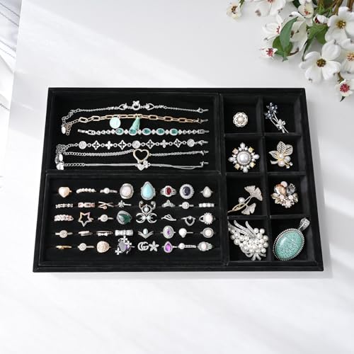 MOOCA Jewelry Display Set, Necklace Display Bust, Earring Organizer, Ring Holder Stand for Showcase and Store, Premium Fabric - color: 9a) 3 piece.Black Velvet Tray