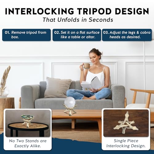 Alternative Imagination Wooden Tripod Display Stand - 6-Inch Hand Carved Holder Made from Mango Wood -Folding Natural Stand for Abalone Shell, Crystal Ball, Key Bowl,Trinket Dish, Incense,Decor & More - size: 6 Inches