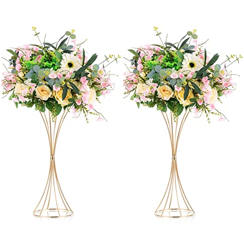 NUPTIO 2 Pcs Wedding Centerpieces for Tables, 19.7in Tall Metal Flower Trumpet Vase, Gold Vases for Centerpieces, Artificial Flower Display Rack for Birthday Party Dinner Event Hotel Home Decor - size: 19.7 inch Tall