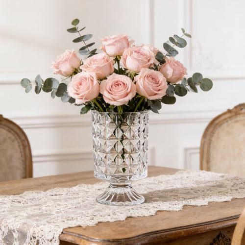 BLOFLO Embossed Glass Vase, 7'' Crystal Glass Vases for Flowers, Pedestal Big Base Glass Bouquet Vase, Hydroponic Glass Transparent Vase for Home Office Wedding Dining Table Party - color: Diamond Pattern