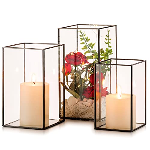Nuptio Glass Hurricane Candle Holder for Pillar Candles 3 Pcs Black Metal Candle Holders Large Rectangular Candleholder Vase Centerpieces Decoration for Halloween Christmas Party 9.5 & 8.1 & 6.5 inch - color: Black, size: 9.5 & 8.1 & 6.5 inch H - 3 Pcs