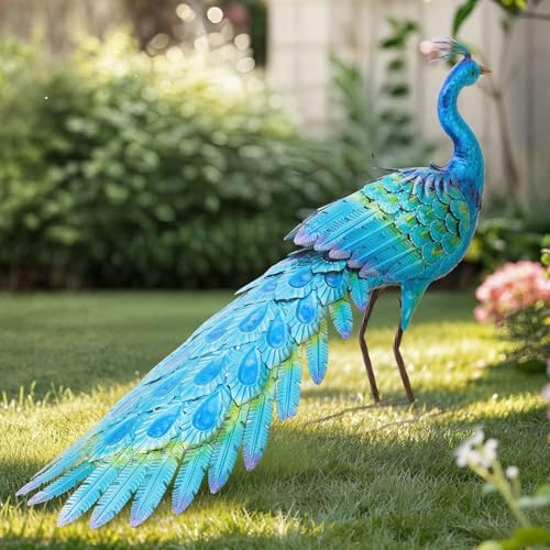 31" L Metal Peacock Garden Statue, Handcrafted Walking Peacock Large Outdoor Yard Art Decor with Iridescent Blue & Green Finish & Ground Stakes, Lifelike Sculpture for Garden Lawn Flowerbed - color: 31"l Iridescent Blue Peacock