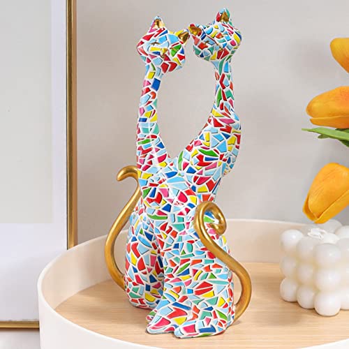 Tyenaza 2Pcs Oil Painting Cat Statues, Colorful Cat Statue, Abstract Couple Resin Cat Figurines Cat Sculpture for Bedroom Office Desktop Decoration(KY145) - size: KY145