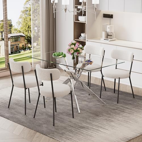51'' Modern Glass Dining Table for 4, Rectangular Tempered Table Top Silver Base with 4 Minimalism White Boucle Dining Chairs, 5 Piece Dining Room Table Set, Easy Assemble - color: Silver+white Chairs, size: 51'' + 4 Chairs