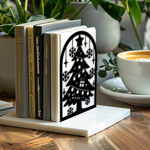 Peacoblue Metal Bookends for Shelves, Modern Decorative Heavy Duty Study Book Ends Stoppers for Office, Desk, Shelf, Room 5.3"x4.3"x7.9" Cast Iron Simple Tall Bookends 1 Pair (Christmas Tree) - style: Christmas Tree