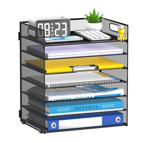 7-Tier Paper Organizer for Desk, Letter Tray with Handle Mesh Desk File Organizer, Workspace Organizers, Paper Sorter Organizer for Office Home School (Black) - color: Black