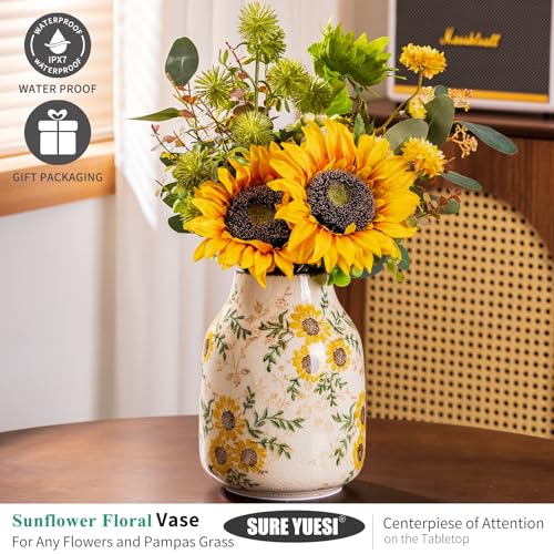 for Mom from Daughter or Son, Sunflower Vintage Ceramic Yellow Floral Vase 7.8”, Beige & Green Chinoiserie Decor, Rustic Tuscan Home Vase for Mantle, Table Centerpiece - color: Yellow Sunflower - 001