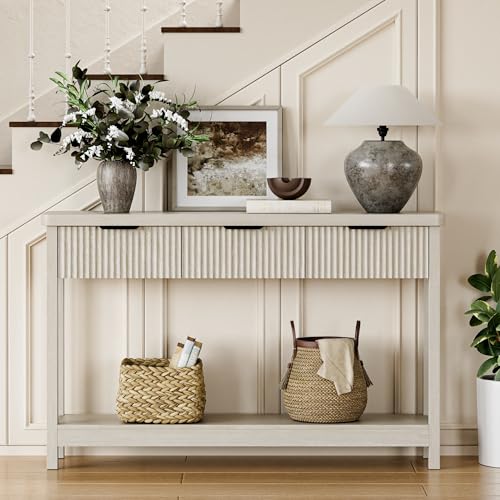 Lulive 51" Fluted Console Table for Entryway, Wooden Entryway Table with 3 Wooden Drawers, Farmhouse Behind Sofa Table for Living Room, Hallway, Couch, Foyer - color: Grey White