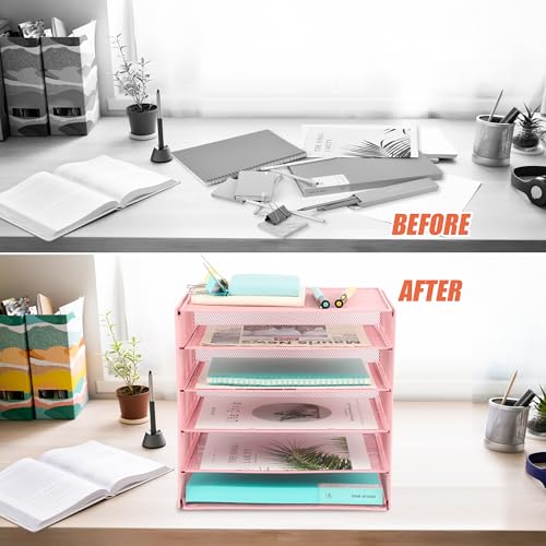 EASEPRES 5 Slot Mesh Desk Organizer Tray, File Paper Letter Folder Holder Desktop Paper Sorter Mail Organization Rack Storage Accessories, for Office Home School Classroom, Pink - color: 5 Tier Pink