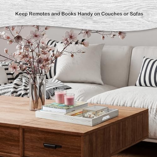 17 Inch White Serving Tray with Handles, Large Wooden Tray for Ottoman, Breakfast in Bed, Coffee Table, Dinner, Rectangular Wood Tray for Living Room Bedroom Entryway and Kitchen - color: White, size: 12" x 1.6" x 17"