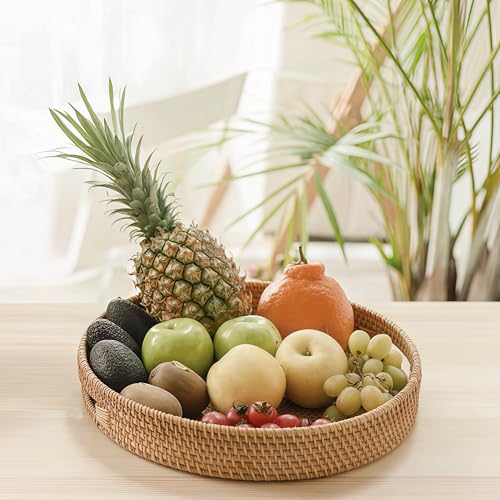 11.8" Round Rattan Tray, Hand Woven Serving Tray with Handles, Wicker Serving Basket, Decorative Tray for Home Decor, Natural - color: Natural, size: 11.8"