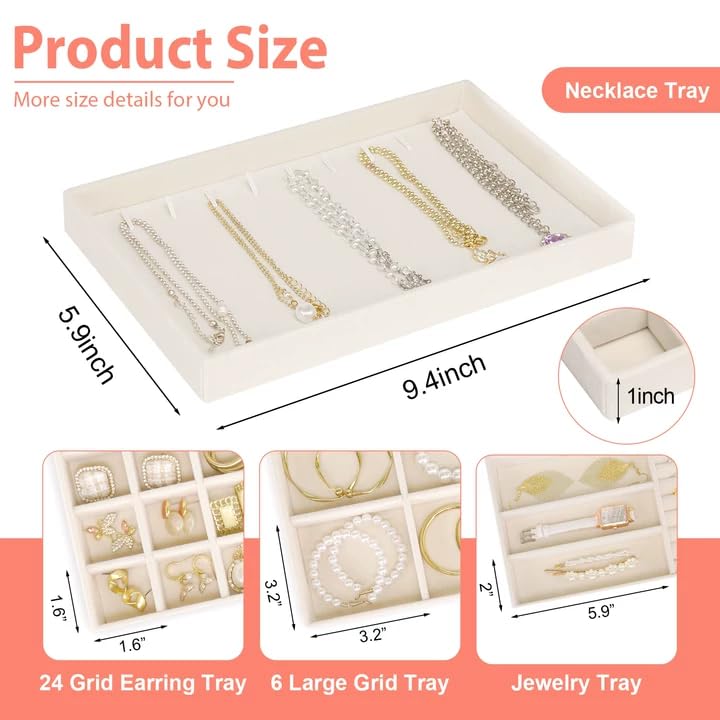 Cirhy Velvet Jewelry Drawer Organizer Trays – Stackable Jewelry Trays for Drawers, Set of 4 Jewelry Organizer for Drawer Inserts, Display Storage Box for Earrings, Rings, Necklaces, Bracelets - color: beige