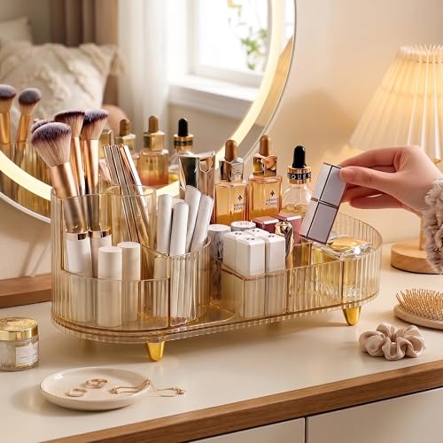 Booklov Rotating Makeup Organizer for Vanity, Large Capacity Cosmetic Display Case, Clear Acrylic Countertop Beauty Storage Holder for Skincare, Brush Eyeshadow Lipstick, Counter Desk, Crystal Amber - color: Crystal Amber, size: L01