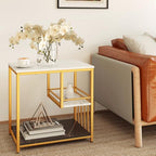 Giantex Side Table with Storage, 3-Tier End Table with Golden Polished Steel Frame Sofa Couch Table for Living Room, Modern Nightstand for Bedroom, Easy Assembly, Marble & Golden