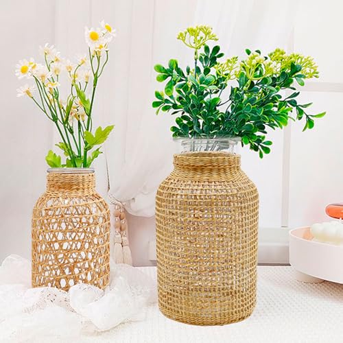 MDEOOSKY Straw Woven Glass Vase 10.25''X3.93''X5.52''Boho Glass Flower Vase Country Rustic Style Vase Glass Vase for Floral Arrangements Bottle Height (B Style 10.25IN) - size: 10.25IN